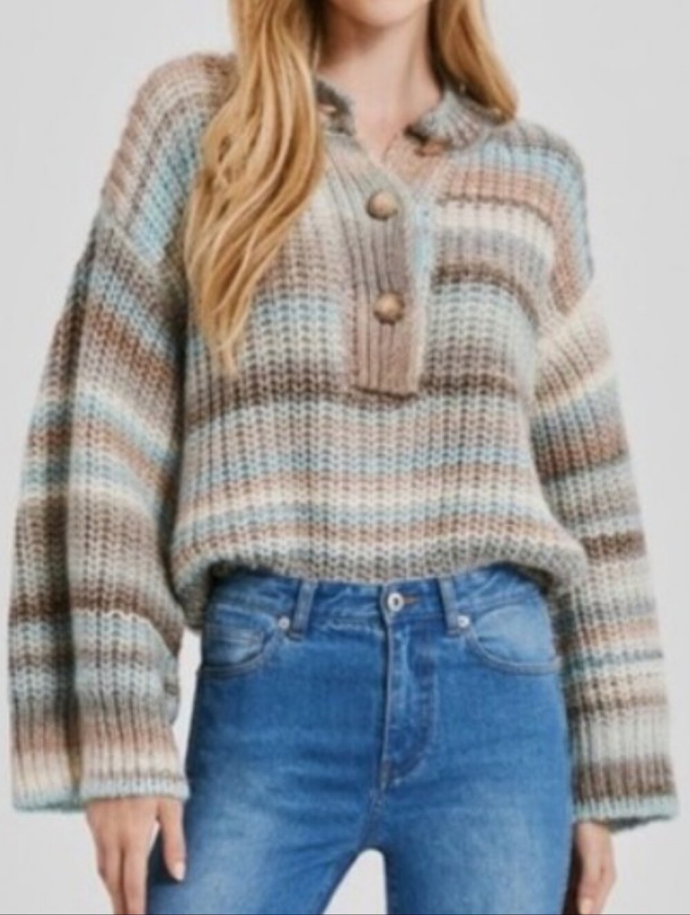 Something Navy Ombre Striped Henley Sweater in Brown Combo